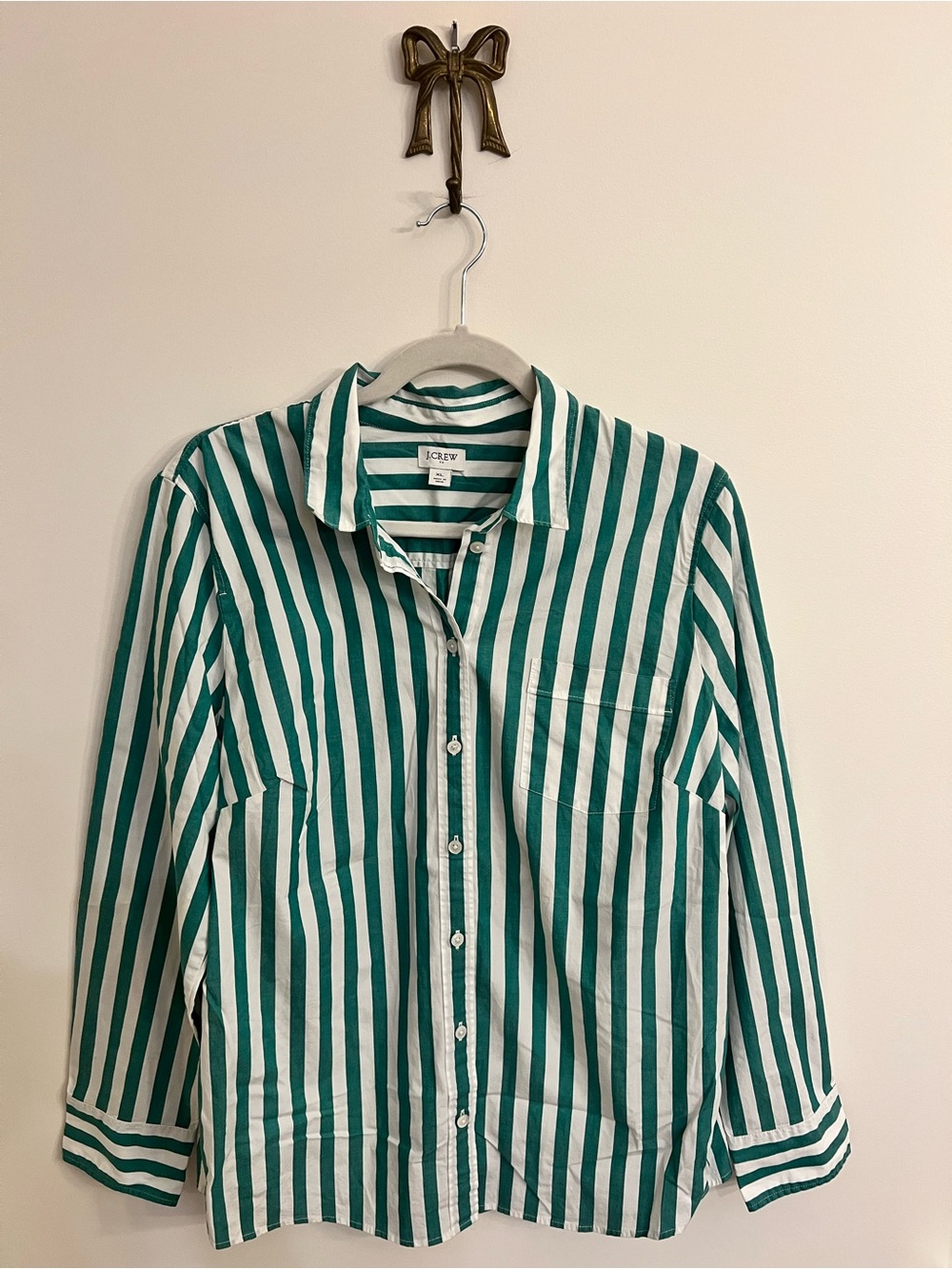 J.Crew Women's Green Strpied Button Down Shirt XL Long Sleeve Cotton